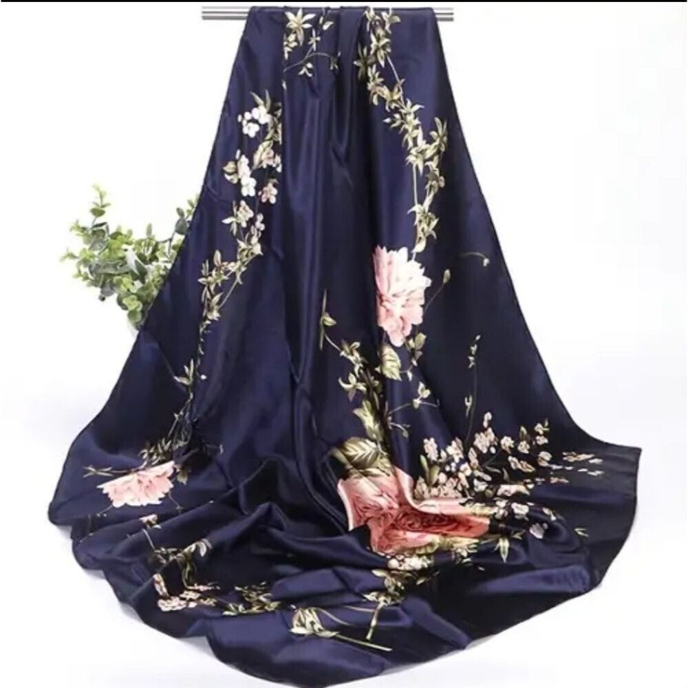 Navy blue Floral scarf blossom imitation silk luxury shawl head wrap